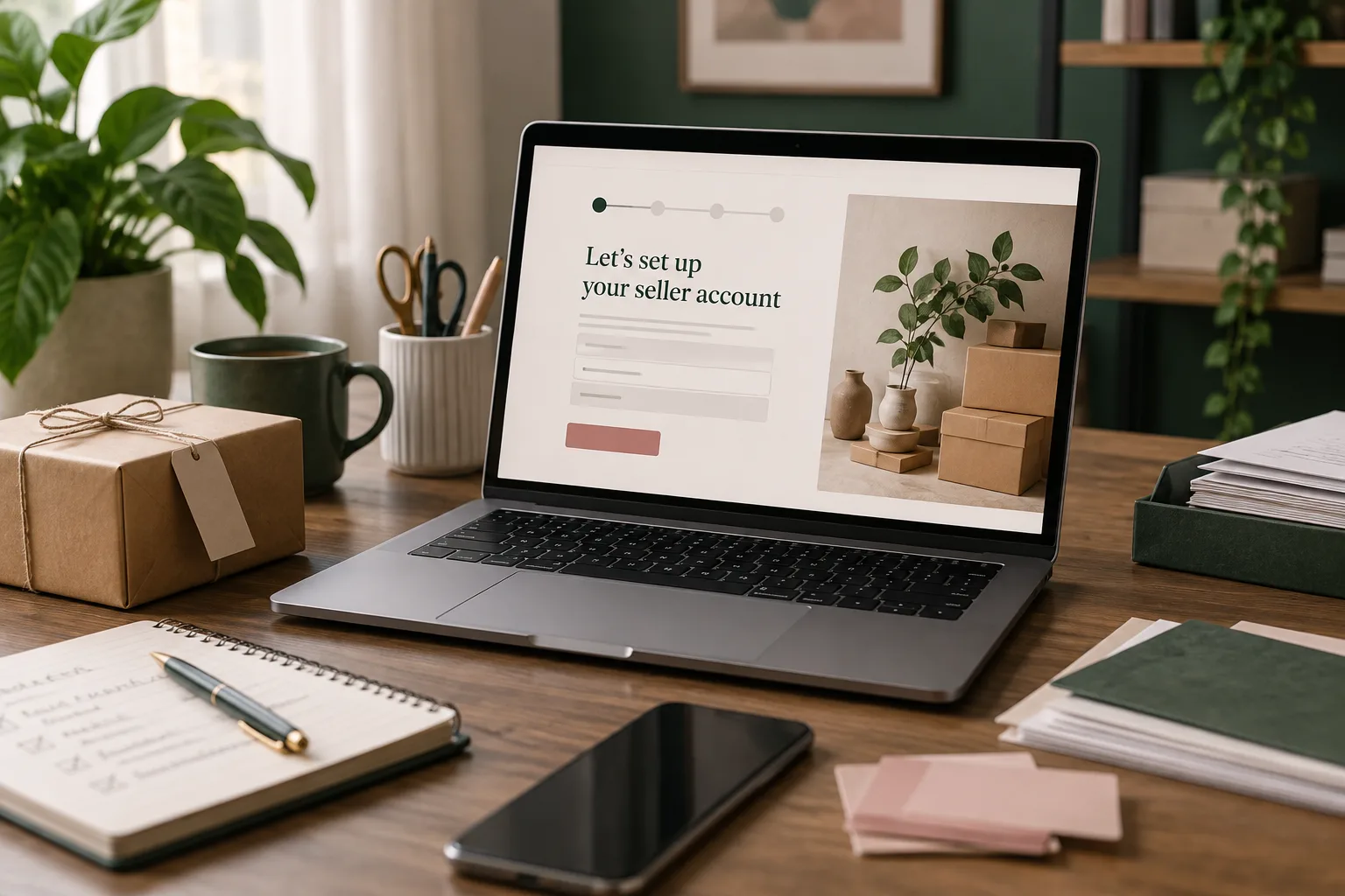 Marketplace seller account setup on a laptop